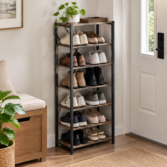 Slim shoe rack neatly filled in a small entryway.