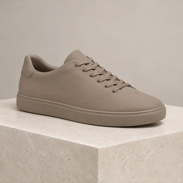 Plain taupe low-top shoe on a pale stone plinth.