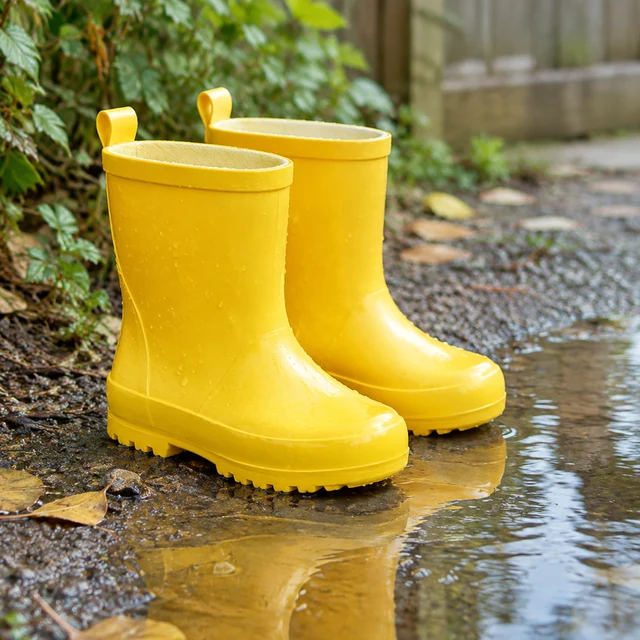 Kids' yellow rain boots beside a puddle.