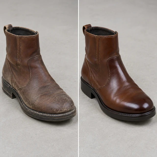Brown leather ankle boot before and after cleaning, with scuffs on one and a polished finish on the other.