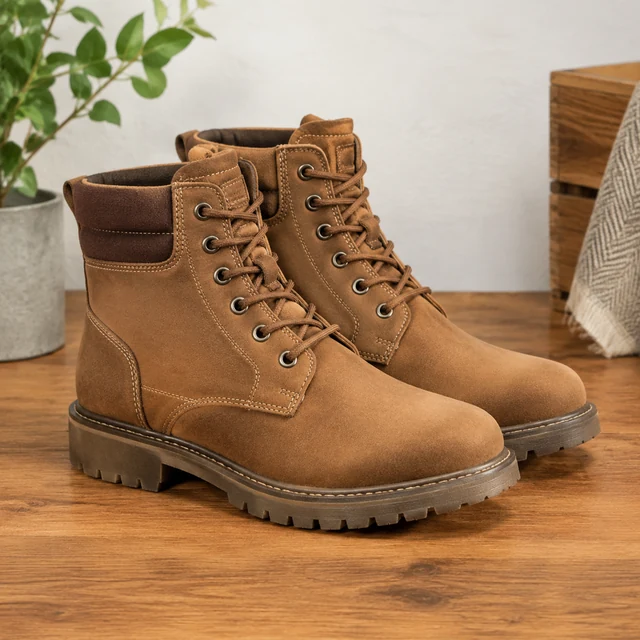 Brown leather lace-up boots beside a light wall.
