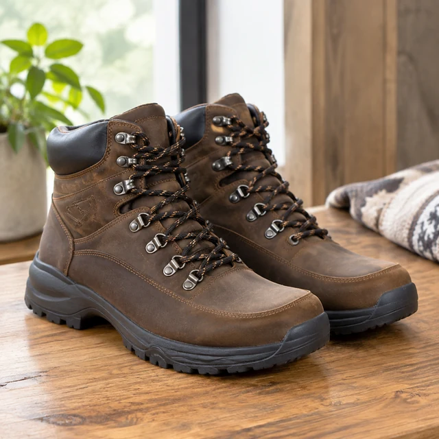 Pair of brown leather lace-up boots on a wooded trail.
