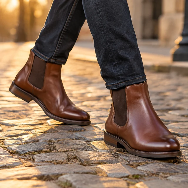 Brown leather Chelsea boots on a person in dark jeans walking over cobblestones in warm evening light