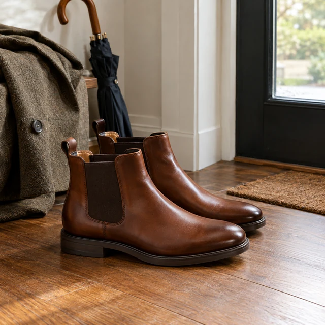 Pair of brown leather Chelsea boots on a wooden floor by a doorway next to a folded coat and an umbrella