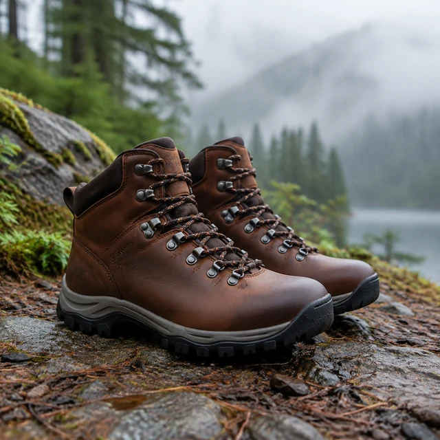 Leather boots on a misty forest trail, cinematic depth.