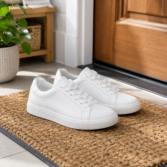 Clean white sneakers waiting by a front door.