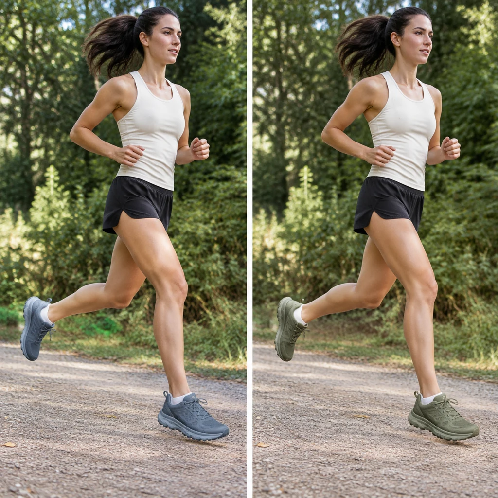 Two trail shoes in contrasting colorways on an adult runner’s feet.