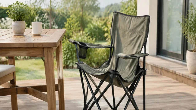 Tight crop of a camp chair with one foot cut off.