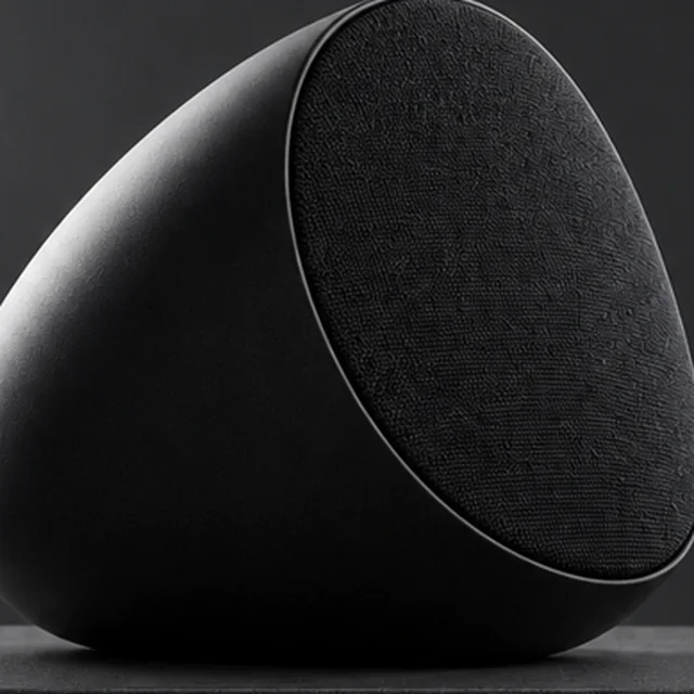 Close crop of the compact egg-shaped black speaker with its side and top edges cut off.