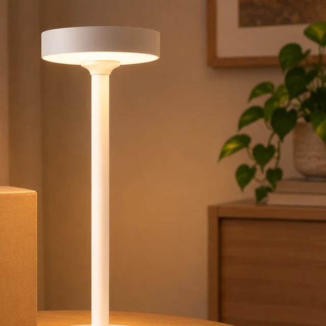 Tight square crop of the same glowing white saucer-shade lamp, with its base cut off by the lower frame edge.