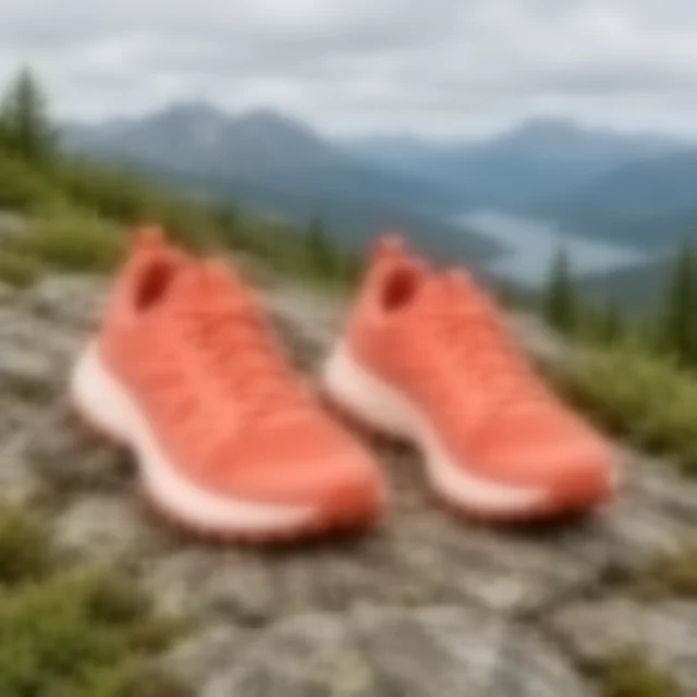 Coral trail shoes softened so their tread, laces, and upper details are hard to inspect.