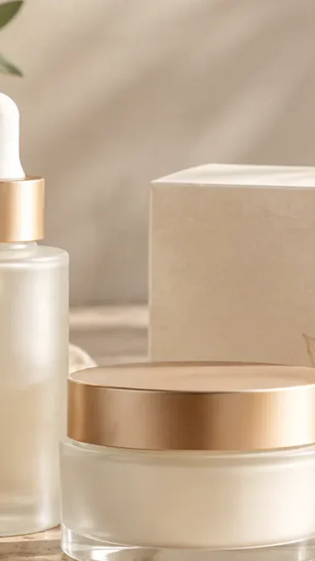 Tight crop of Skincare bottle, cream jar, and matching box bundle as the starting photo with one edge cut off
