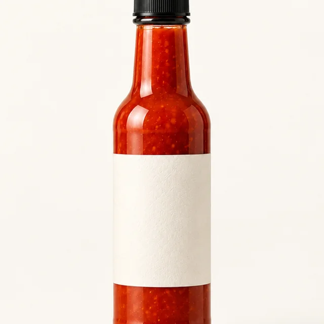 Close crop of the hot sauce bottle with its cap and lower edge cut off.