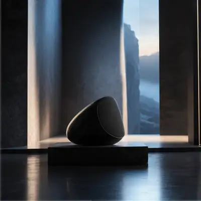 Black speaker sits beside a tall window