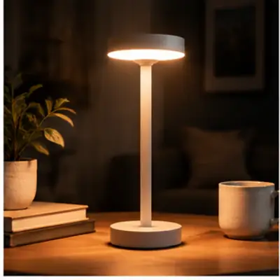 White desk lamp glows beside a laptop