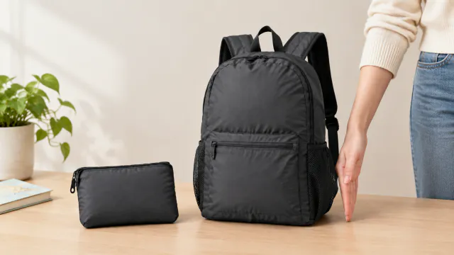 Hand beside the travel backpack showing everyday size