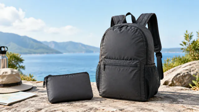 Folded backpack shown beside the full-size version