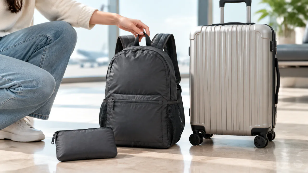 Travel backpack shown beside a familiar hand and carry-on suitcase for scale