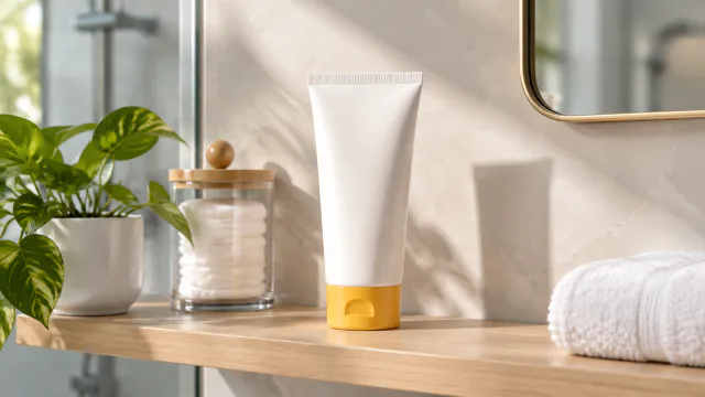 Sunscreen bottle on a bathroom shelf