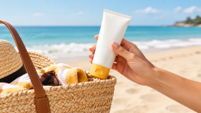 Hand holding sunscreen beside a beach bag