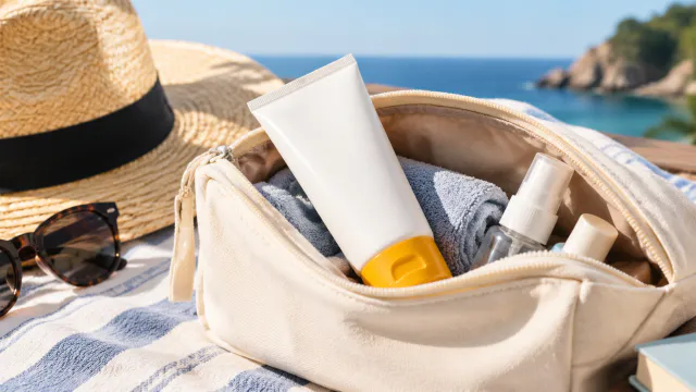Sunscreen bottle in a travel pouch