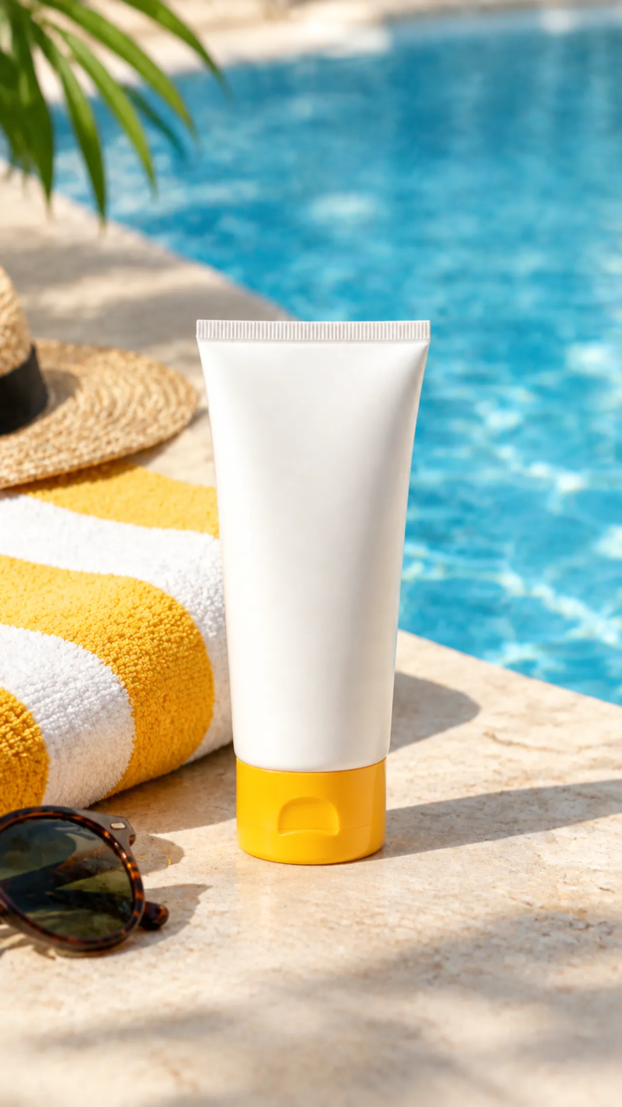 Story layout with a sunscreen bottle beside a bright pool towel