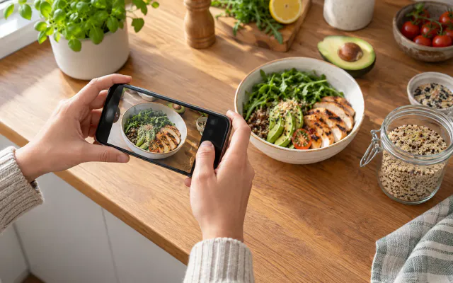 Hands filming a bowl of food and a product detail with a smartphone