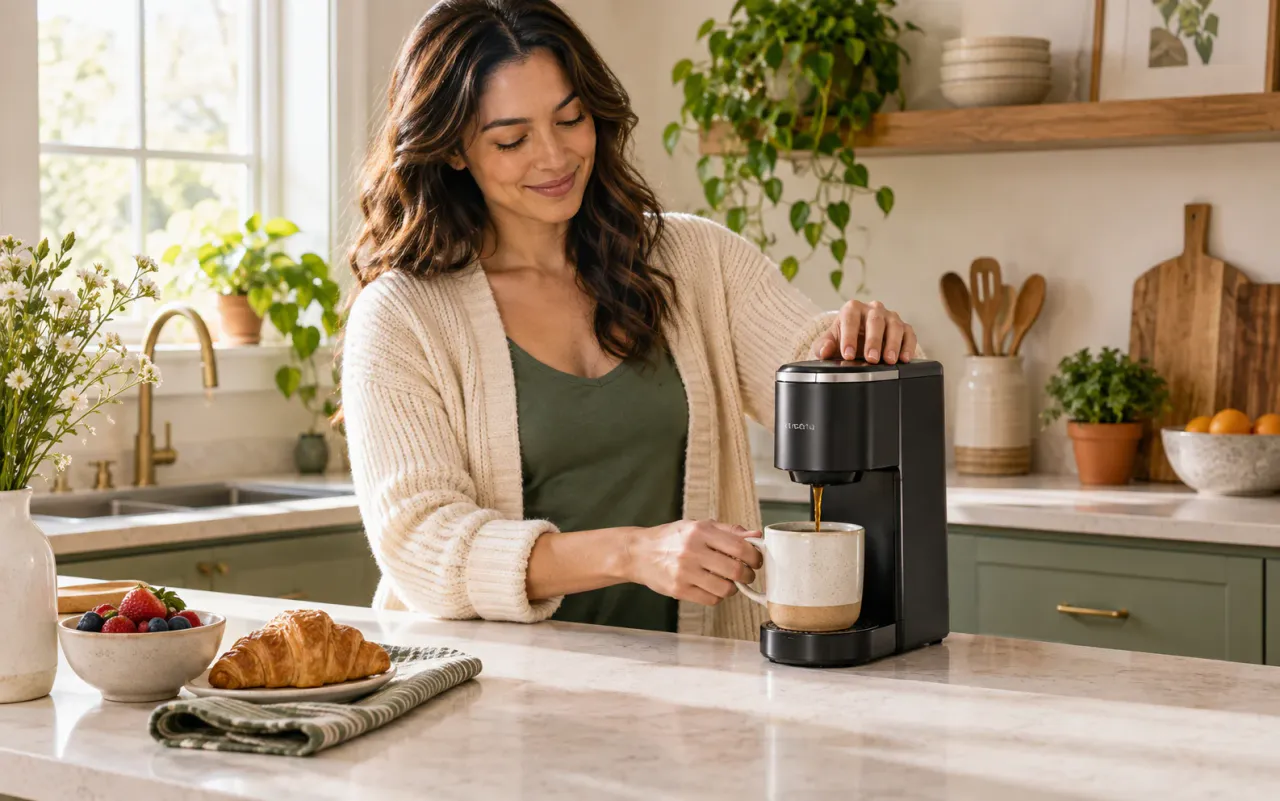 Creator making coffee with a compact coffee maker and showing it in a kitchen
