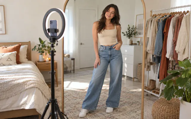 Creator checking a new outfit in a bedroom mirror while filming with a ring light