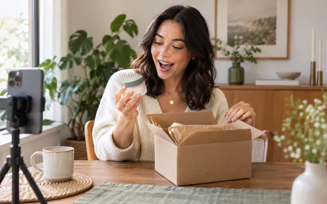Creator opening a parcel and reacting to the product inside