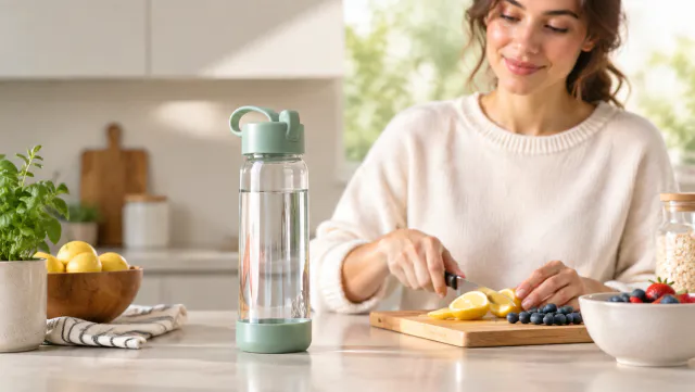 Water bottle on a kitchen counter during a daily routine