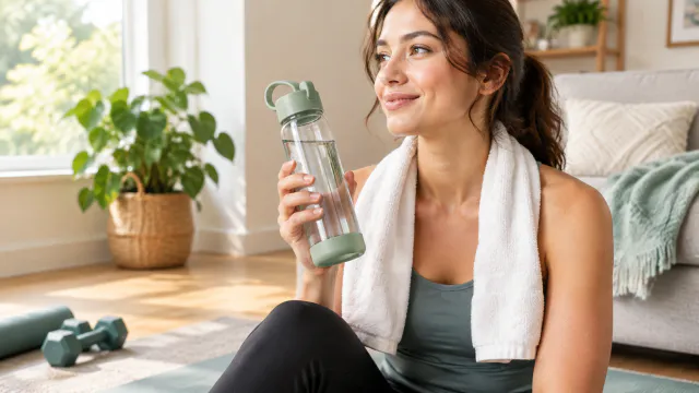 Person naturally holding a reusable water bottle in a home setting.