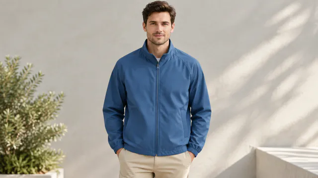 Front view of the blue jacket on a person