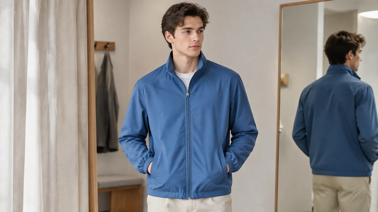 Person wearing a plain blue jacket in a softly lit fitting room